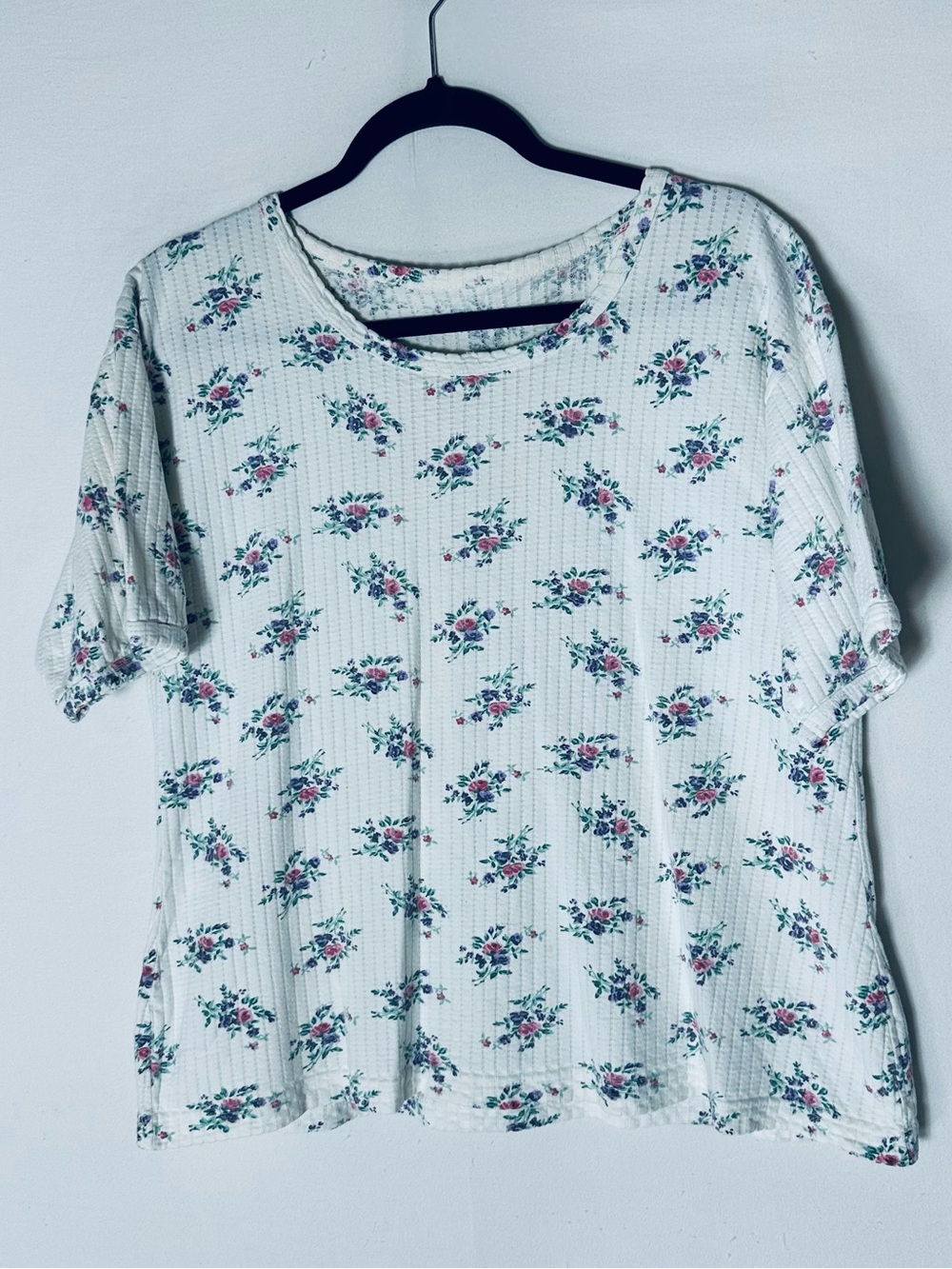 Vintage White Floral Ribbed Short Sleeve Scoop Neck Top L Cottagecore Grannycore
